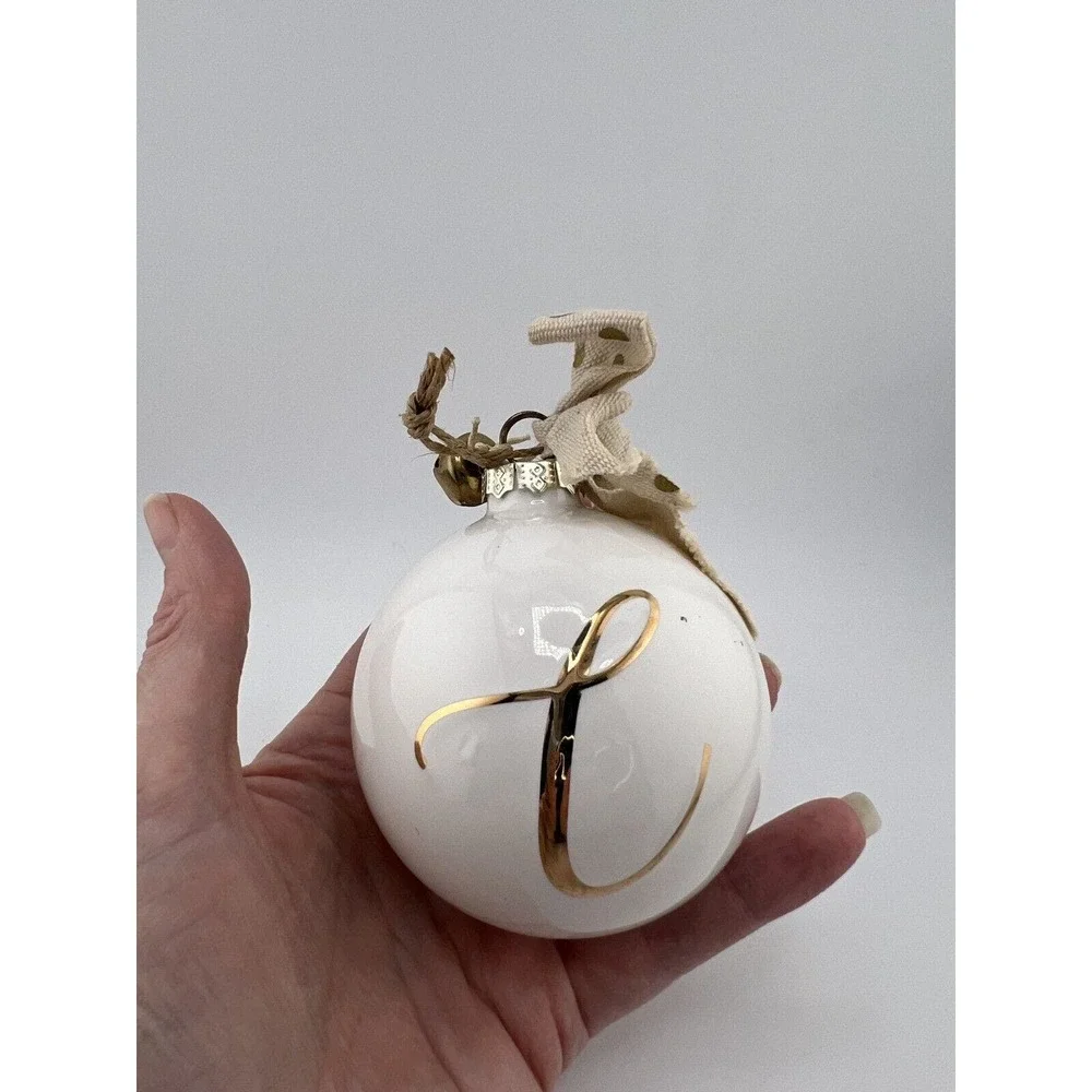 Home‎ Decorative Hand Painted White/Gold Glass Christmas Ball Ornament with Bow